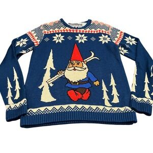 Toddland Sweater Mens Medium Blue Skiing Gnome Ugly Christmas Holiday Wool Blend
